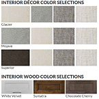 Three interior Décor selections  (Glacier, Mojave, Superior) and three Interior Wood Selections (White Velvet, Sumatra, Chocolate Cherry) to choose from. May Show Optional Features. Features and Options Subject to Change Without Notice.