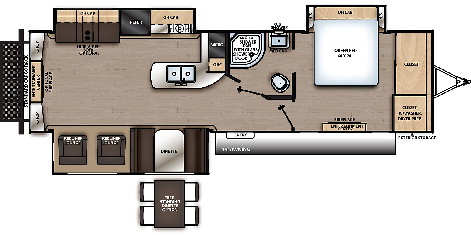 The 333RETS has three slide outs two on the off-door side and one on the door side and one entry door on the door side. Interior layout from front to back: front bedroom with closet, off-door side slide out containing side facing queen bed and overhead cabinet, and door side entertainment center with fireplace; off- door side bathroom; door side slide out containing dinette and recliners; off-door side slide out containing cook top stove, overhead cabinet, refrigerator, sofa, and overhead cabinet; off-door side countertop with microwave cabinet, overhead cabinet, and double basin sink; and rear entertainment center with countertops on either side.