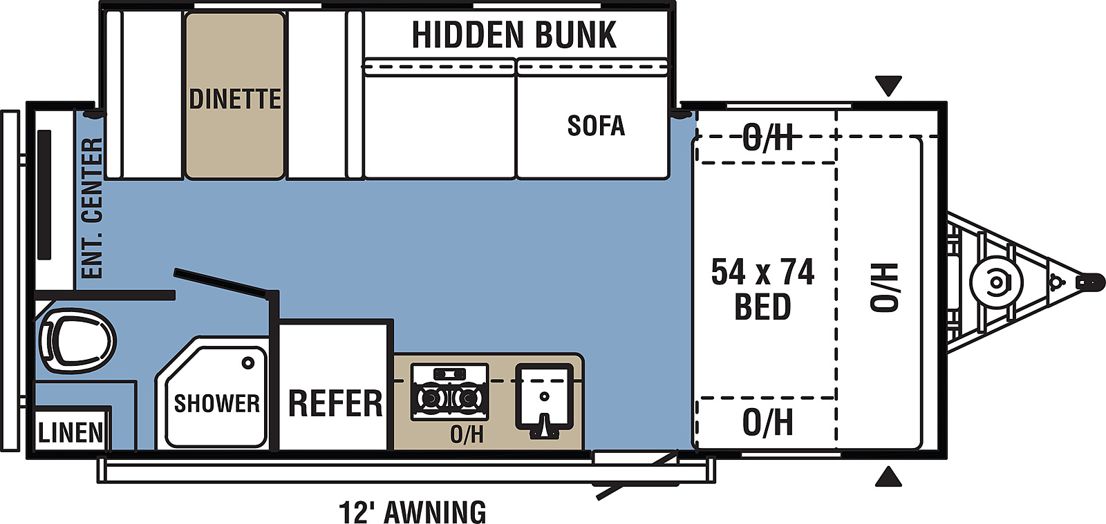 Clipper Ultra-Lite 18RBSS floorplan. The 18RBSS has one slide out and one entry door.