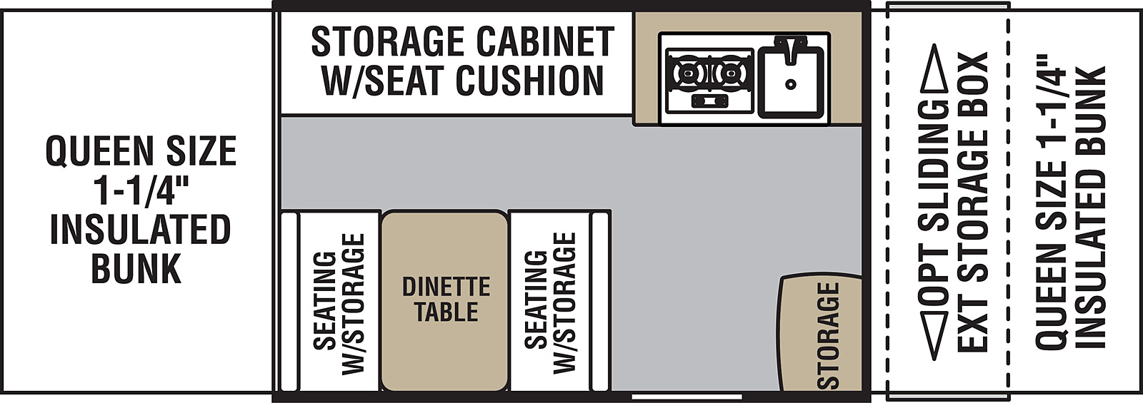The Viking V -Trec V1  has 0 slideouts and 1 entry door. Interior layout from front to back; Queen size 1 1/4 inch insulated bunk with sliding exterior storage box; off-door side range with sink and storage cabinet with seat cushions; door side storage near entry and dinette table on other side with seating with storage; rear Queen size bed with 1 1/4 inch insulated bunk.