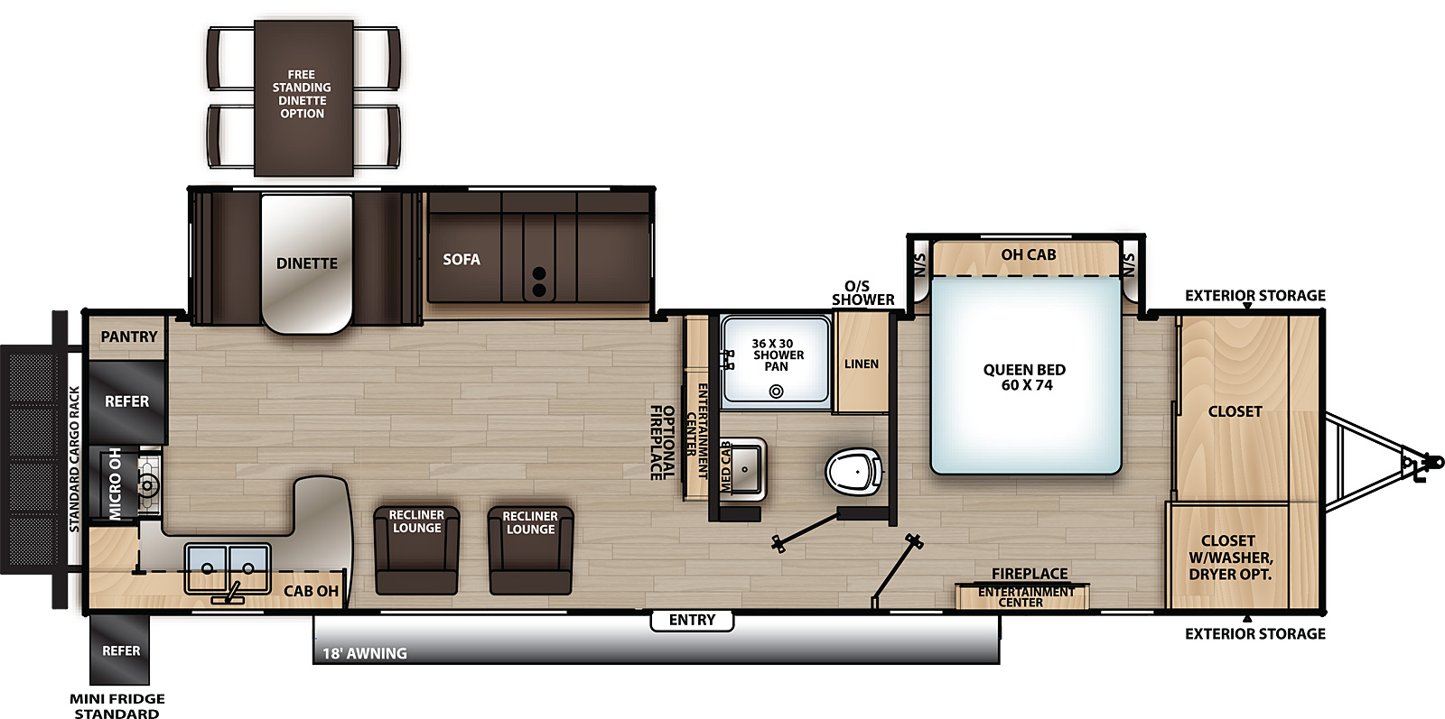 The 303RKDS has two slide outs on the off-door side and one entry door on the door side. Interior layout from front to back: front bedroom with closet, off-door side slide out containing side facing queen bed and overhead cabinet, and door side entertainment center; off-door side bathroom; entertainment center; kitchen living dining area with off-door side slide out containing sofa and dinette; door side recliners with overhead cabinet; and door side kitchen containing double basin sink, overhead cabinet, cook top stove, microwave cabinet, refrigerator, and pantry.