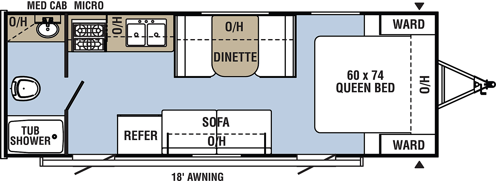 Clipper Ultra-Lite 21CFQ floorplan. The 21CFQ has no slide outs and two plus entry doors.
