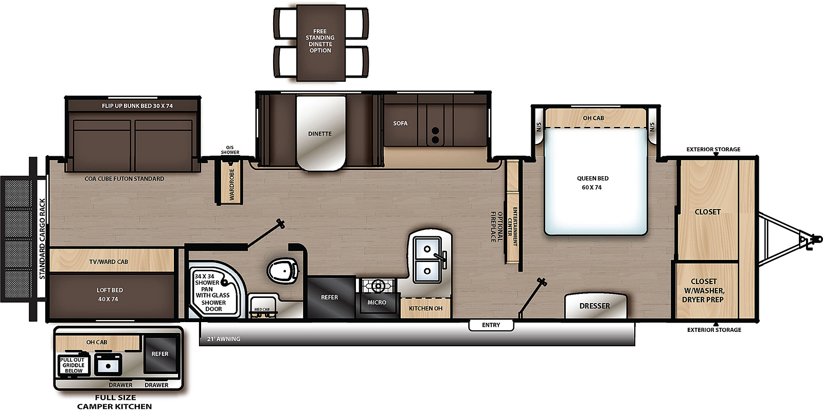 The 343BHTS has three slide outs on the off-door side and one entry door on the door side. Interior layout from front to back: front bedroom with off-door side slide out containing side facing queen bed and overhead cabinet, closet, and dresser; entertainment center; kitchen living dining area with off-door side slide out containing sofa and dinette; door side kitchen containing double basin sink, overhead cabinet, cook top stove, microwave cabinet, and refrigerator; door side bathroom; and rear bedroom with door side lofted bed, wardrobe, and off-door side slide out containing sofa and upper bunk.