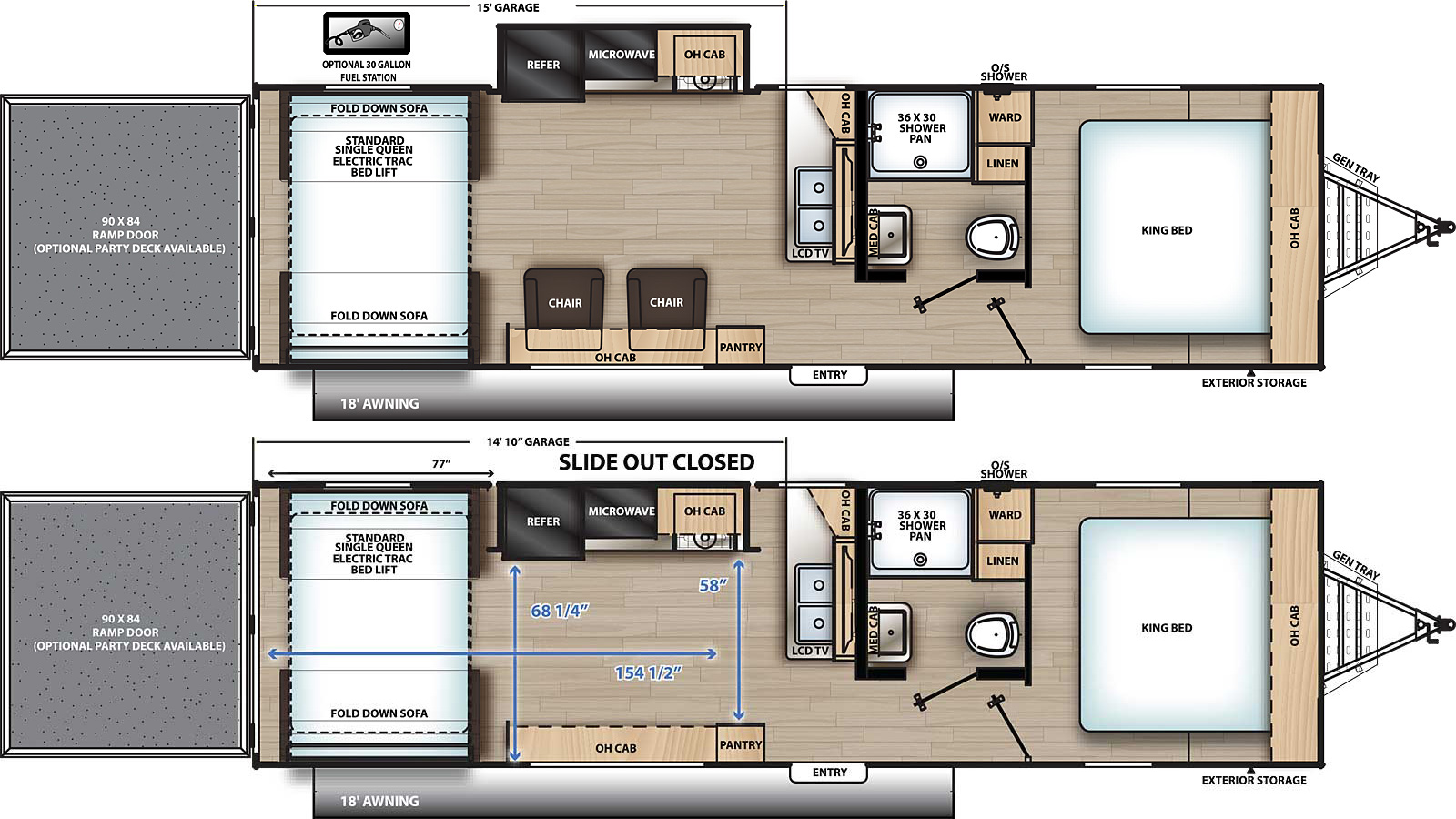 The 28THS has one slide out on the off-door side and one entry door on the door side. Interior layout from front to back: foot facing king bed with overhead cabinet; off-door side bathroom; kitchen living dining area with off-door side slide out containing cook top stove, overhead cabinet, microwave cabinet, and refrigerator; off-door side double basin sink with overhead cabinet and television; door side chairs with overhead cabinet and pantry; and rear fold-down sofas and single queen electric trac bed lift.