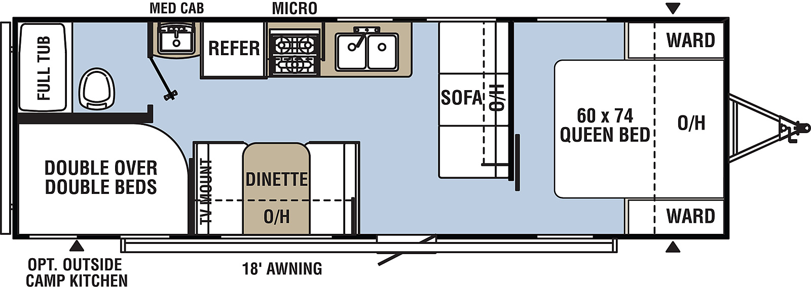Clipper Ultra-Lite 26CBH floorplan. The 26CBH has no slide outs and one entry door.