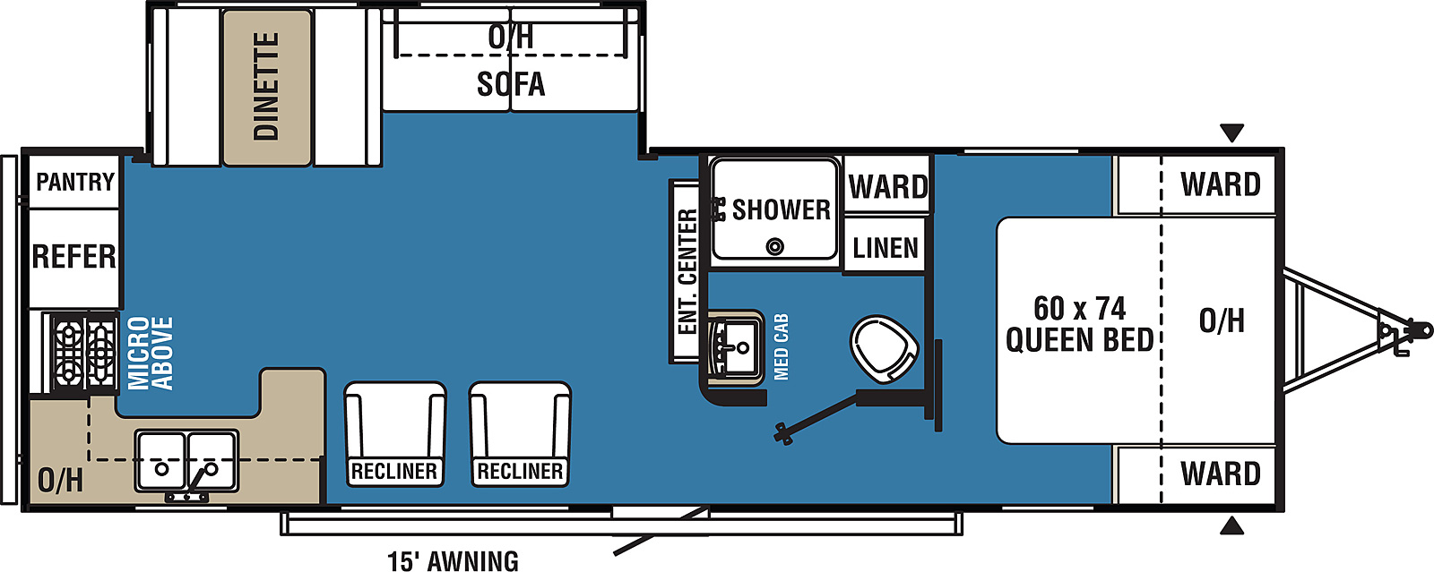 Clipper Ultra-Lite 27RKS floorplan. The 27RKS has one slide out and one entry door.