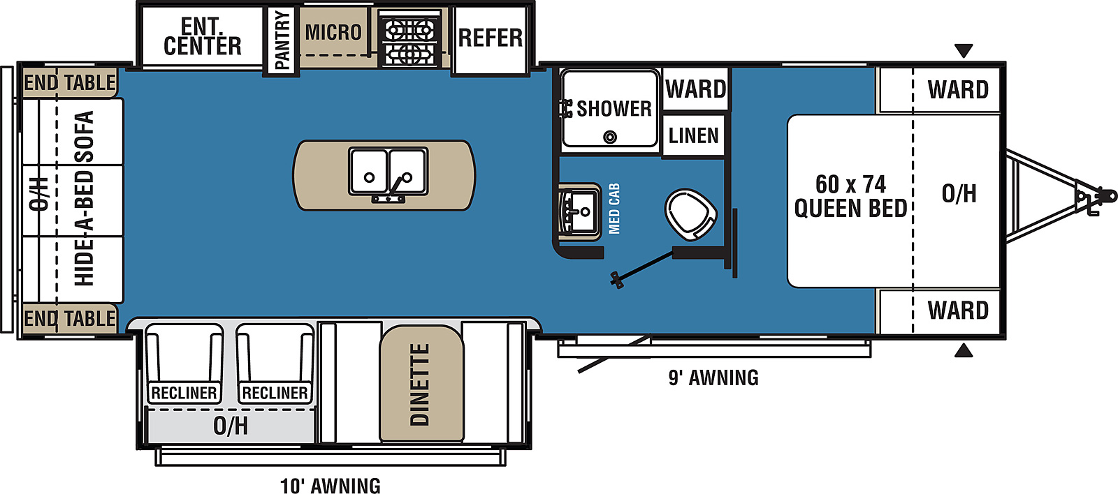 Clipper Ultra-Lite 28RLDS floorplan. The 28RLDS has 2 slide outs and one entry door.