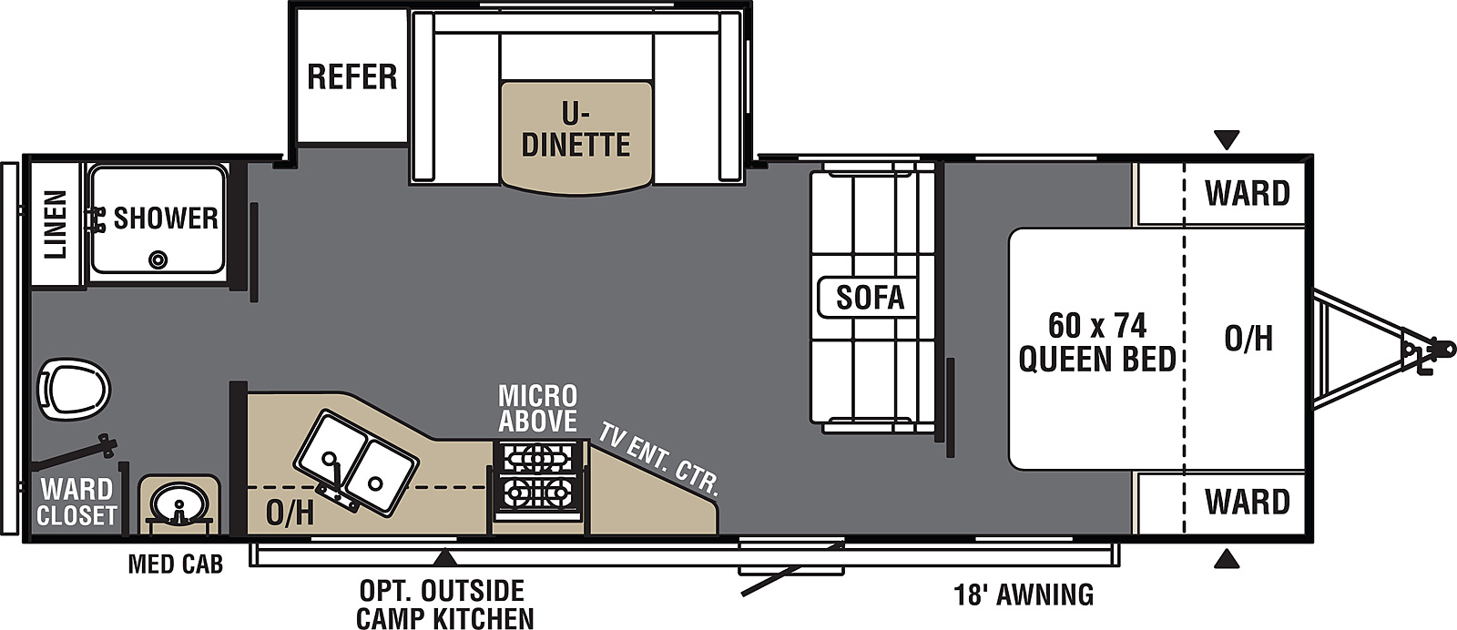 Viking Ultra-Lite 24RBS floorplan. The 24RBS has one slide out and one entry door.
