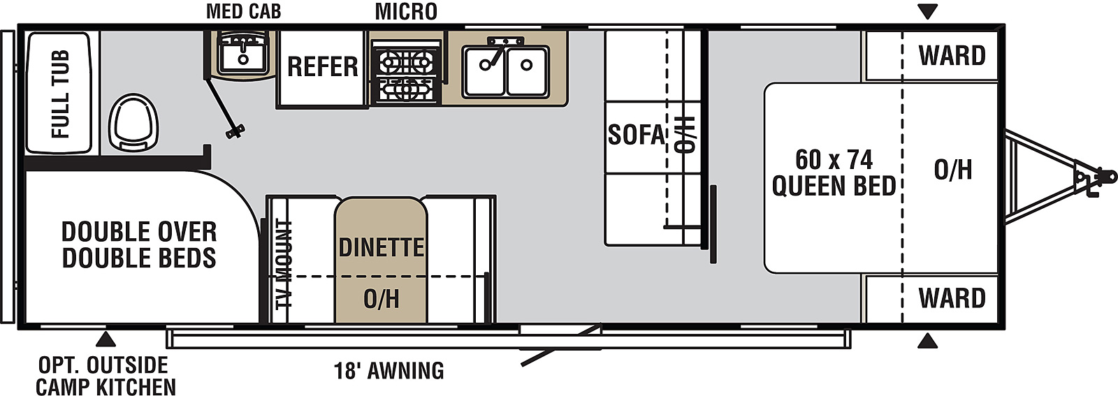 Viking Ultra-Lite 26SBH floorplan. The 26SBH has no slide outs and one entry door.