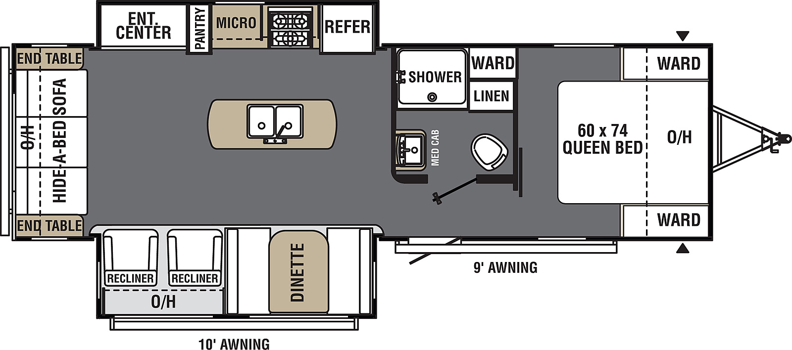 Viking Ultra-Lite 28RLDS floorplan. The 28RLDS has 2 slide outs and one entry door.