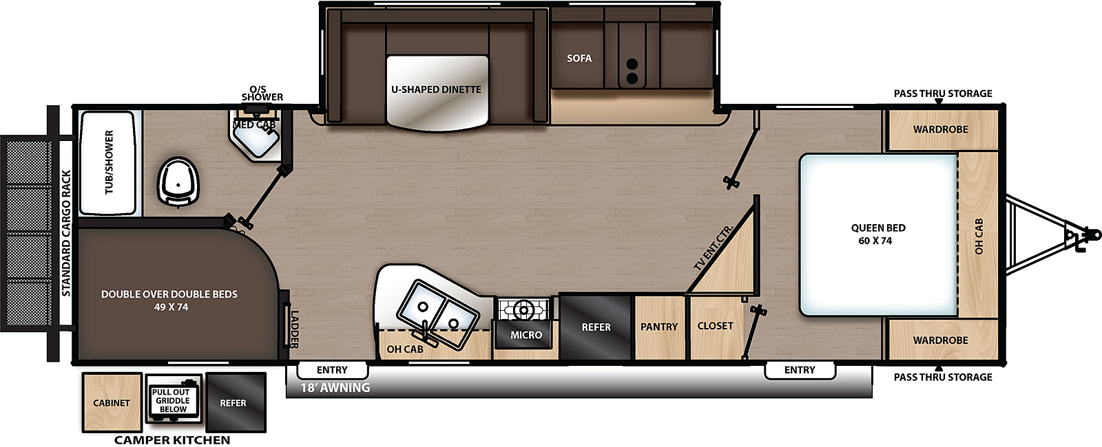 The 263BHSCK has one slide out on the off-door side and two entry doors on the door side. Interior layout from front to back: front bedroom with entry door, foot facing queen bed, overhead cabinet, wardrobes on either side of the bed, and off-door side closet; entertainment center; kitchen living dining area with off-door side slide out containing sofa and u-shaped dinette; door side kitchen containing pantry, refrigerator, cook top stove, microwave cabinet, double basin sink, and overhead cabinet; off-door side bathroom; and door side double bunks.