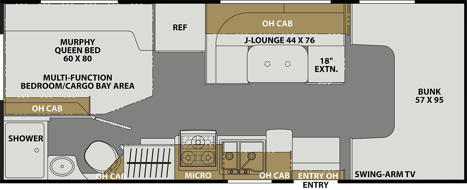 The Freelander 22XG CHEVY 3500 has 0 slideouts. Interior layout from front to back; front 57 inch by 95 inch bunk with swing arm TV; door side kitchen with microwave above stovetop, double basin sink and overhead cabinet; off-door side 44 inch by 76 inch J-Lounge with 18 inch extension and overhead cabinets and refrigerator; rear off-door side 60 inch by 80 inch murphy queen bed in multi-function bedroom/cargo bay area with overhead cabinets; rear door side bathroom with shower, toilet and sink.