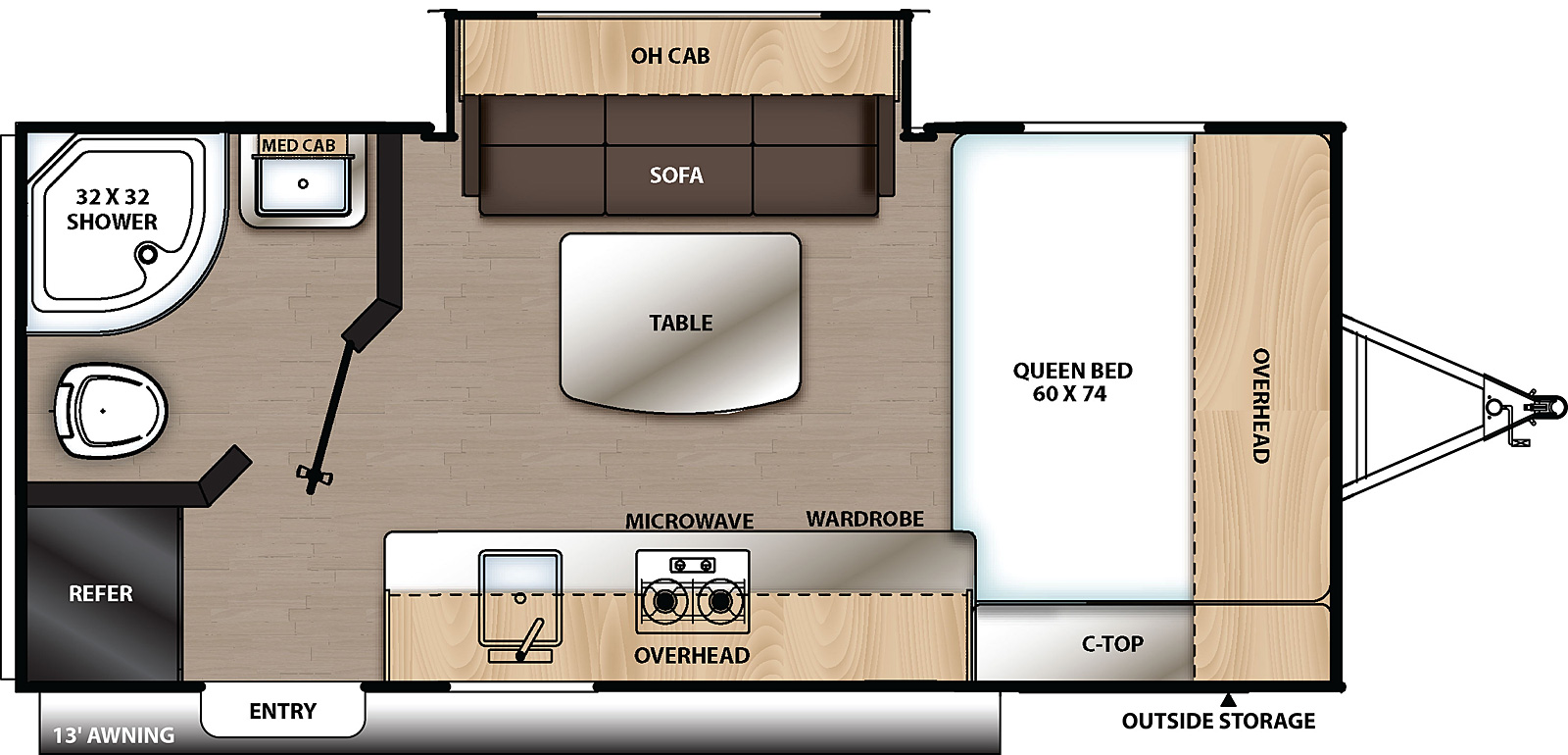 The 174FQS has one slide out on the off-door side and one entry door on the door side. Interior layout from front to back: side facing queen bed with cabinets overhead. Kitchen living dining area with slide out on the off-door side containing sofa with cabinets overhead. Freestanding table in the center, door side with wardrobe closet, microwave overhead of stove, single bowl sink with refrigerator located on the door side rear. Rear corner bathroom. 