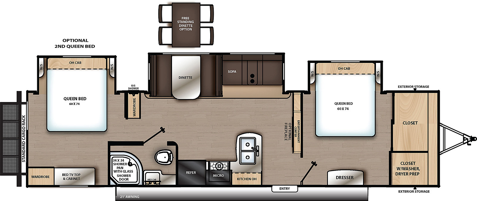 The 343BHTS has three slide outs on the off-door side and one entry door on the door side. Interior layout from front to back: front bedroom with off-door side slide out containing side facing queen bed and overhead cabinet, closet, and dresser; entertainment center; kitchen living dining area with off-door side slide out containing sofa and dinette; door side kitchen containing double basin sink, overhead cabinet, cook top stove, microwave cabinet, and refrigerator; door side bathroom; and rear bedroom with off-door side slide out containing side facing queen bed and overhead cabinet, cabinet, and wardrobe.