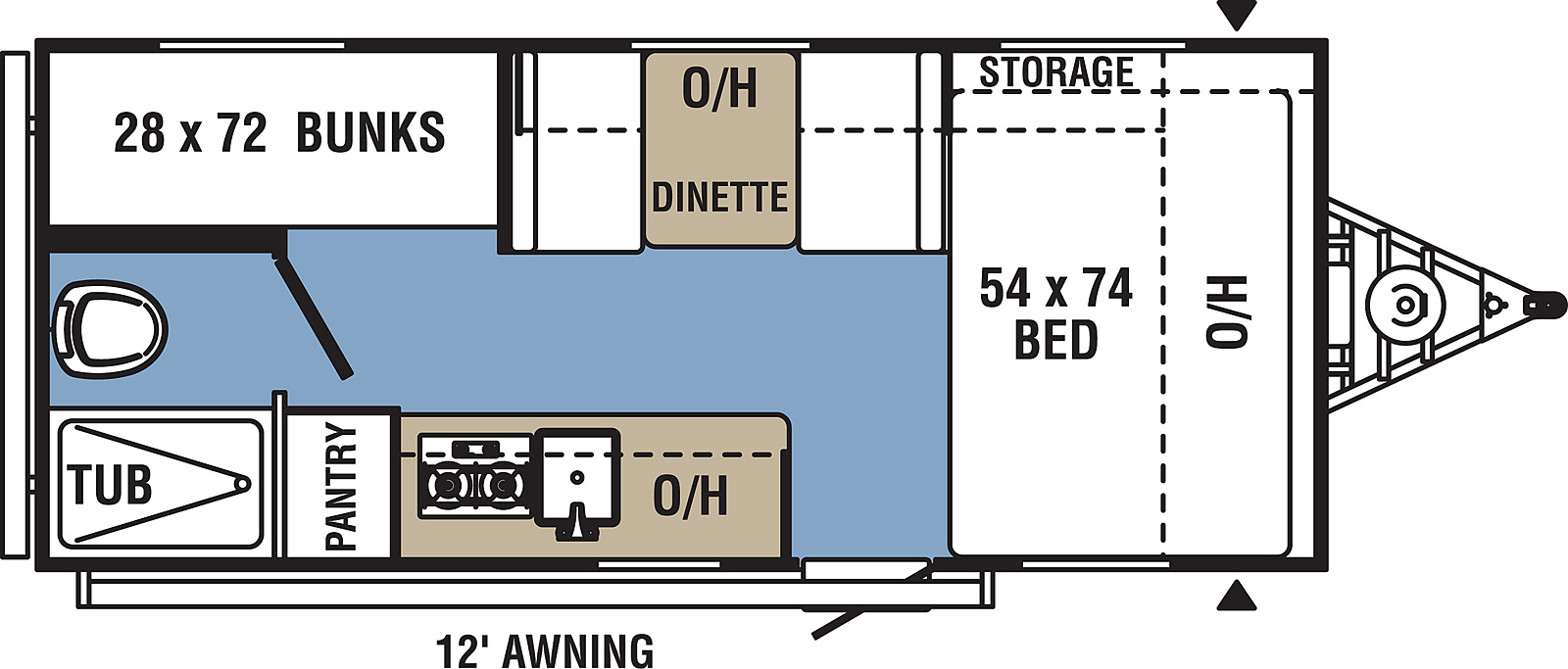 Clipper Ultra-Lite 17BH floorplan. The 17BH has no slide outs and one entry door.
