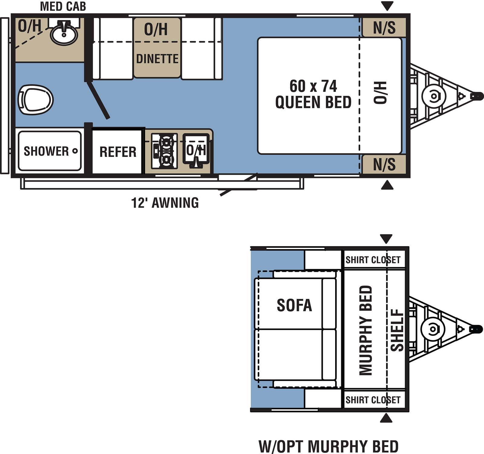Clipper Ultra-Lite 17FQ floorplan. The 17FQ has no slide outs and one entry door.