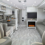 Front to Back of the Sportscoach SRS 354QS with Powell interior and White Velvet cabinetry. May Show Optional Features. Features and Options Subject to Change Without Notice.