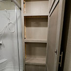 Two Door Linen Closet Shown Open to Show Three Shelves.
 May Show Optional Features. Features and Options Subject to Change Without Notice.