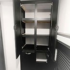 Linen Closet Shown Open with Shelves.
 May Show Optional Features. Features and Options Subject to Change Without Notice.