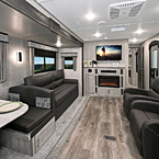 303RKDS Back to Front. Optional Fireplace Shown; Tri-Fold Sofa Optional. May Show Optional Features. Features and Options Subject to Change Without Notice.