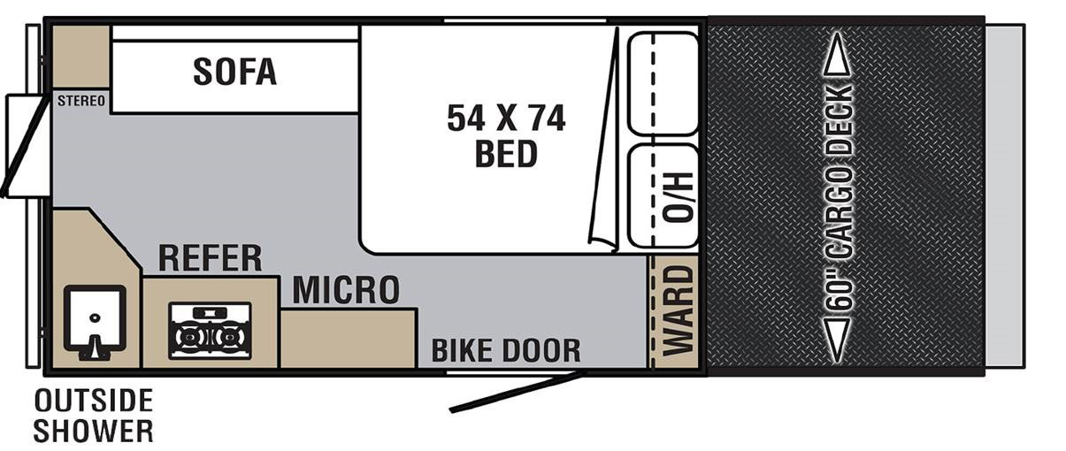 The V-Trec V4 has 0 slide outs and 1 entry at the rear. Exterior features include a bike door and outside shower on the camp door along with a 60 inch wide cargo deck in the front. Interior features from front to back include a foot facing 54 x 74 Bed along the road side wall, overhead cabinet over the head of the bed, wardrobe, camp side kitchen extending to the rear corner with a microwave, refrigerator, stovetop and single basin sink. There is a sofa and a stereo across from the kitchen on the road side.