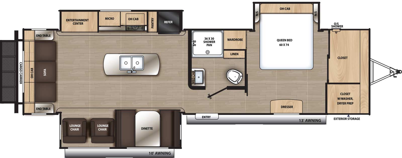 The 313RLTS has three slide outs and one entry door. Exterior features include 13 foot awning, exterior storage, outside shower, and rear cargo carrier. Interior layout from front to back: bedroom closet with washer/dryer prep, off-door side queen bed slide out, overhead cabinet and night stands on either side, wardrobe, and door side dresser; off-door side bathroom with linen closet and medicine cabinet; entry door; off-door side slideout with refrigerator, pantry, cooktop, oven, overhead cabinets, microwave, and entertainment center; door side slideout with dinette and two lounge chairs; kitchen island with sink; rear sofa with overhead cabinets and end tables on either side.