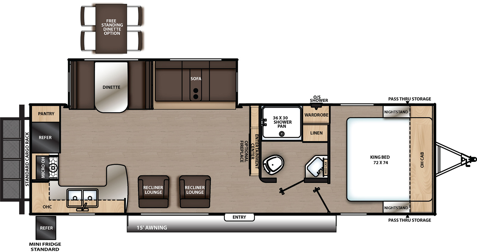 The 283RKS has one slide out on the off-door side and one entry door on the door side. Interior layout from front to back: front bedroom with foot facing king bed, nightstands on either side with cabinets overhead. Side aisle off- door side bathroom. Kitchen living dining area with entertainment center, off-door side slide out containing dinette and sofa. Door side with two lounge recliners. Rear kitchen area with double bowl sinks located on the door side, microwave, stove, refrigerator and pantry with cabinets overhead. Cargo carrying rack located on the rear exterior.