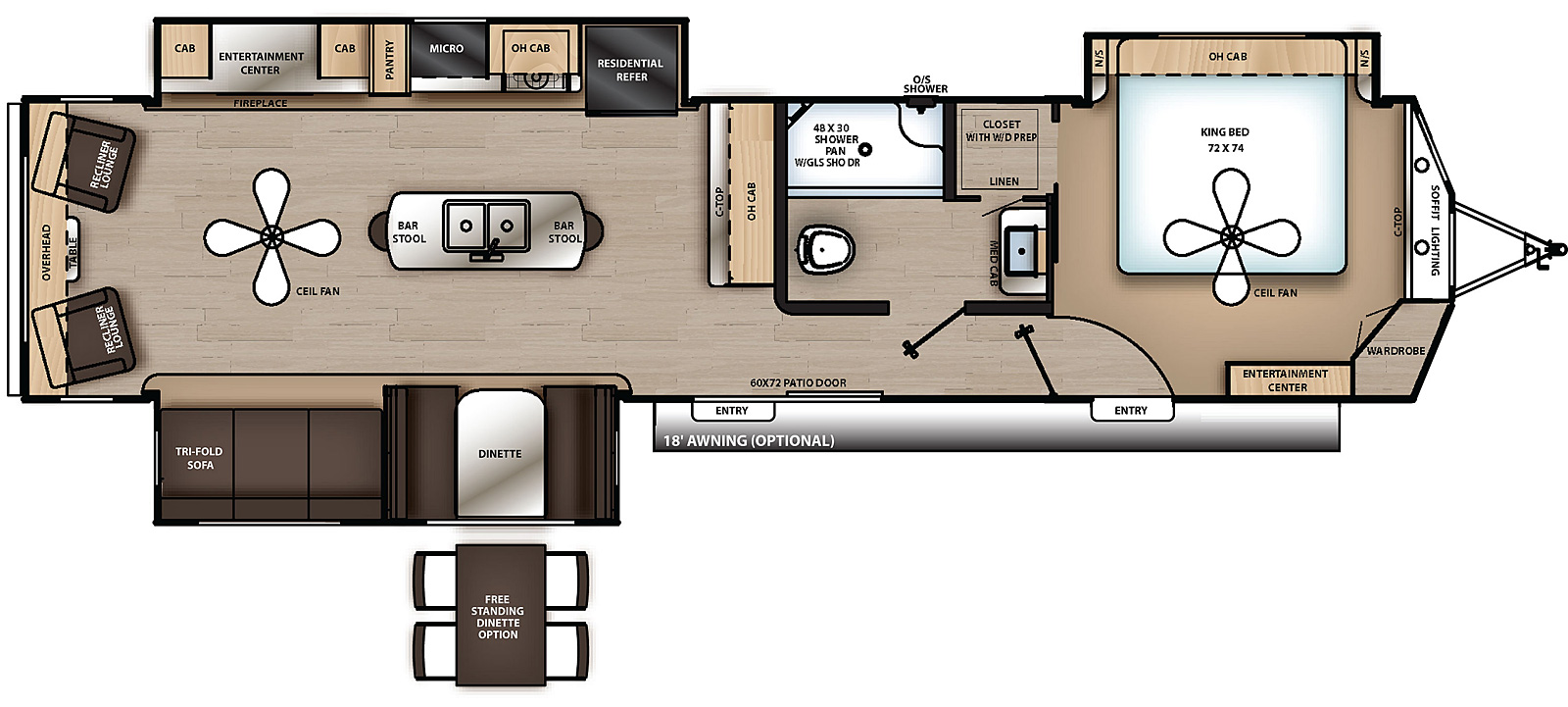 The 39RLTS has three slide outs with two on the off-door side and one on the door side and two entry doors on the door side. Interior layout from front to back: front bedroom with off-door side slide out containing side facing king bed, overhead cabinet, entertainment center, and wardrobe; off door side bathroom; door side slide out containing dinette and sofa; off door side slide out containing refrigerator, cook top stove, overhead cabinet, microwave cabinet, pantry, and entertainment center with fireplace; free standing island with double basin sink and bar stools; and recliner lounges.