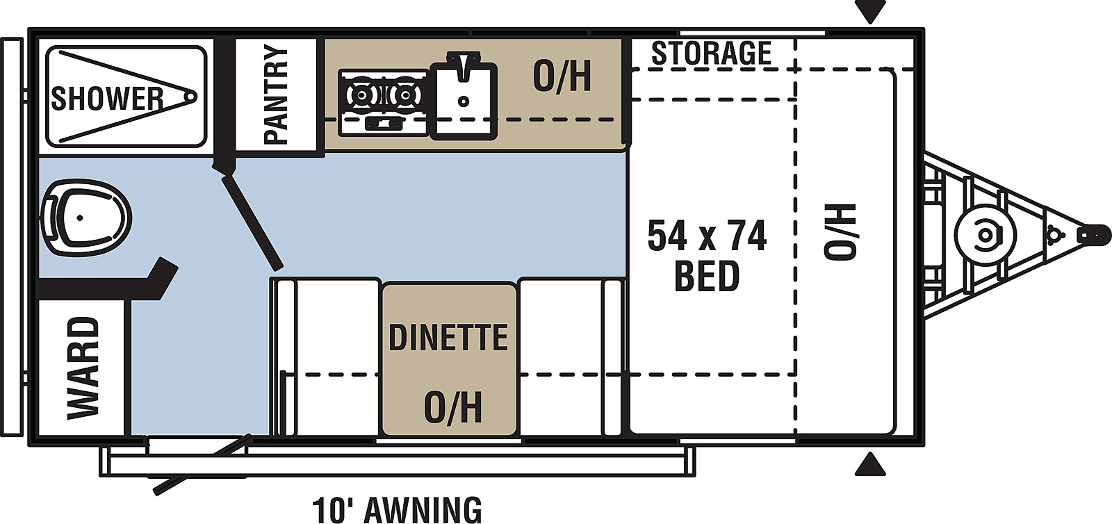 Clipper Ultra-Lite 16CFB floorplan. The 16CFB has no slide outs and one entry door.