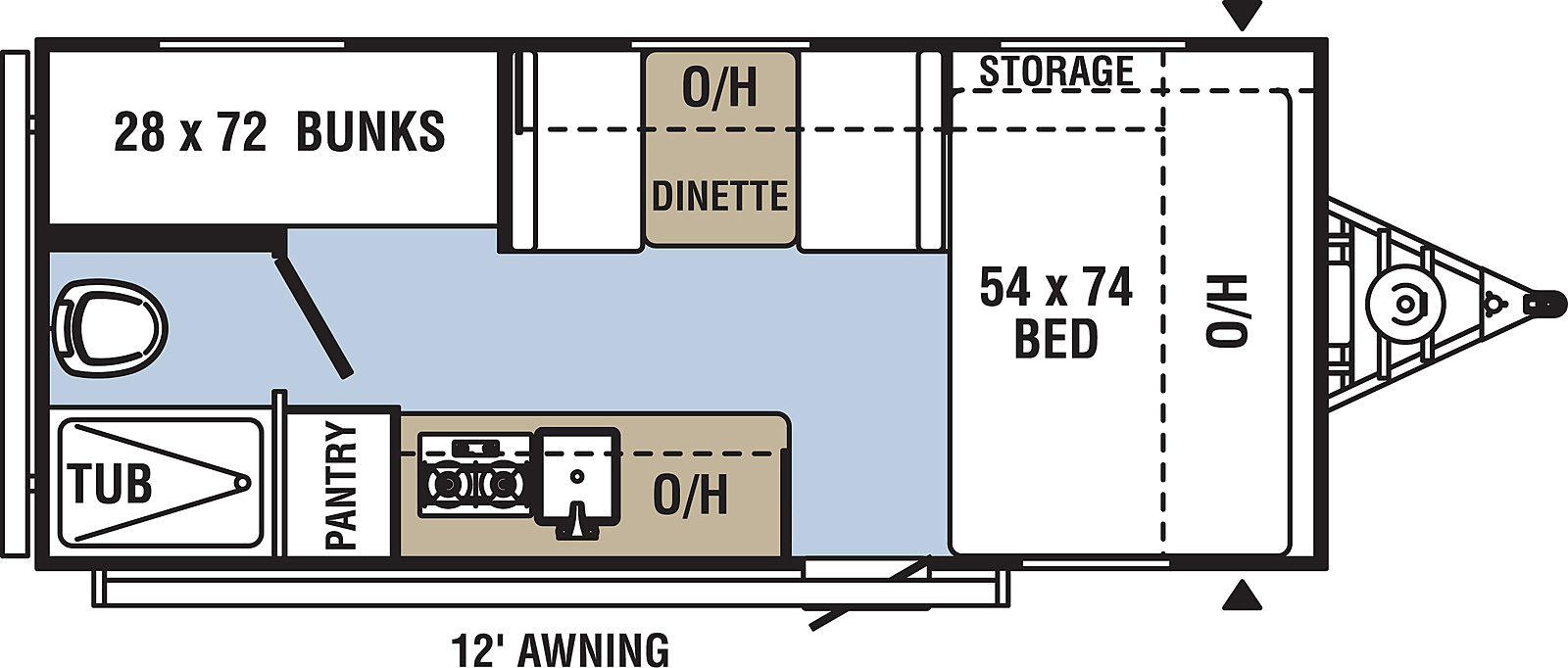 Clipper Ultra-Lite 17CBH floorplan. The 17CBH has no slide outs and one entry door.
