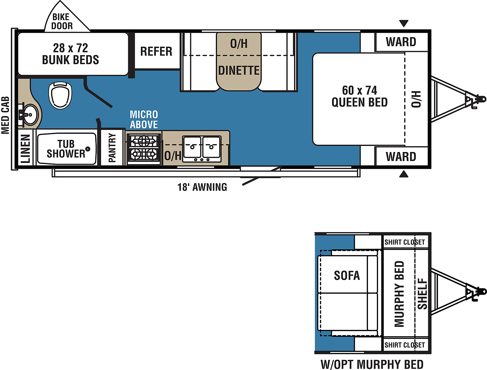 Clipper Ultra-Lite 21BH floorplan. The 21BH has no slide outs and one entry door.
