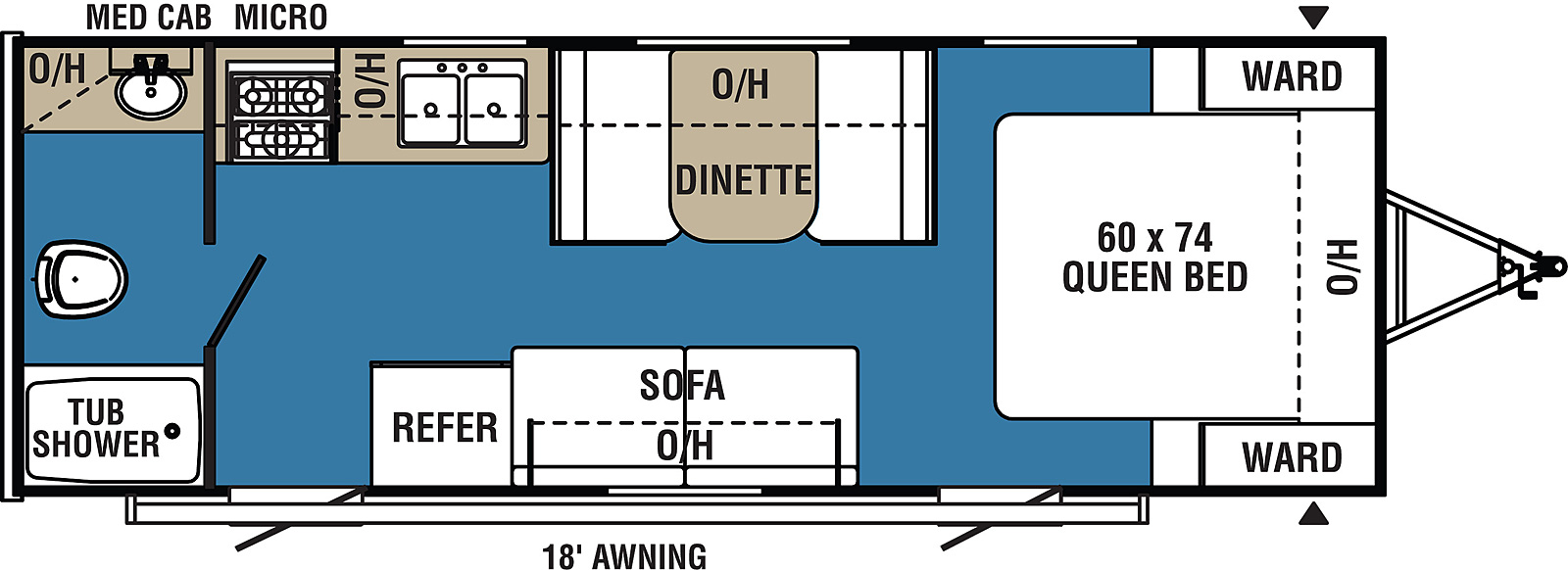 Clipper Ultra-Lite 21FQ floorplan. The 21FQ has no slide outs and two plus entry doors.