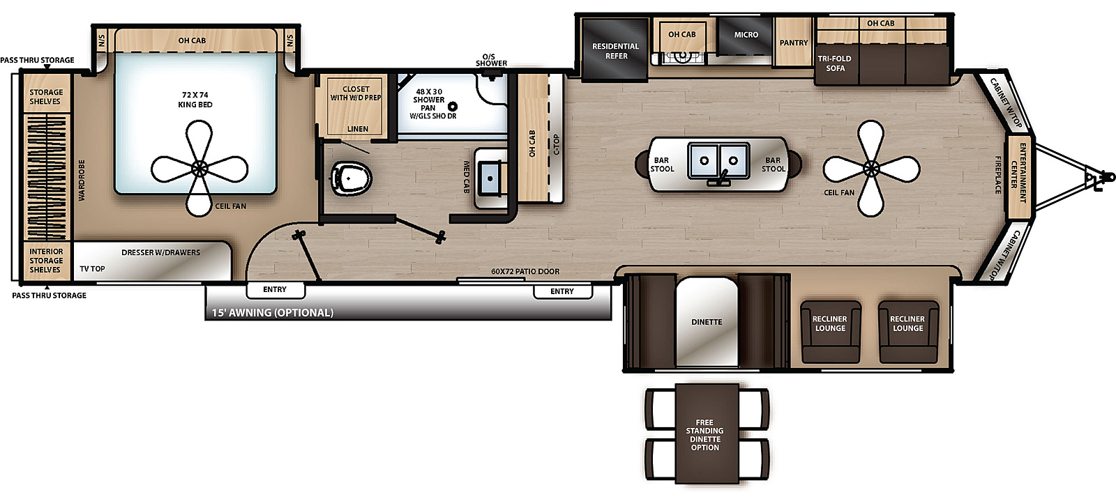 The 39MKTS has three slide outs with two on the off-door side and one on the door side and two entry doors on the doors side. Interior layout from front to back: entertainment center and cabinets on either side; off door side slide out containing sofa with overhead cabinet, pantry, microwave, cook top stove, overhead cabinet, and refrigerator; free standing island with double basin sink and bar stools, door side slide out containing recliner lounges and dinette; off door side countertop with overhead cabinet; off door side bathroom; and rear bedroom with off door side slide out containing side facing king bed, overhead cabinet, wardrobe, and storage.