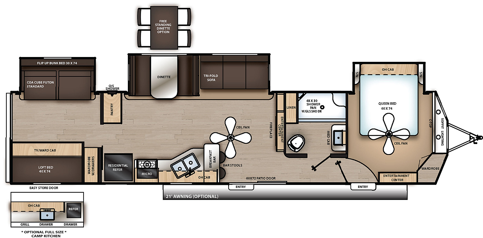 The 40BHTS has three slide outs on the off-door side and two entry doors on the door side. Interior layout from front to back: front bedroom with off door side slide out containing side facing queen bed, overhead cabinet, wardrobe, and entertainment center; off door side bathroom; entertainment center with fireplace; off-door side slide out containing sofa and dinette; door side kitchen containing bar with stools, double basin sink, overhead cabinet, cook top stove, microwave cabinet, and refrigerator; off door side pantry; and rear room with off door side slide out containing sofa with bunk and loft bed over wardrobe.