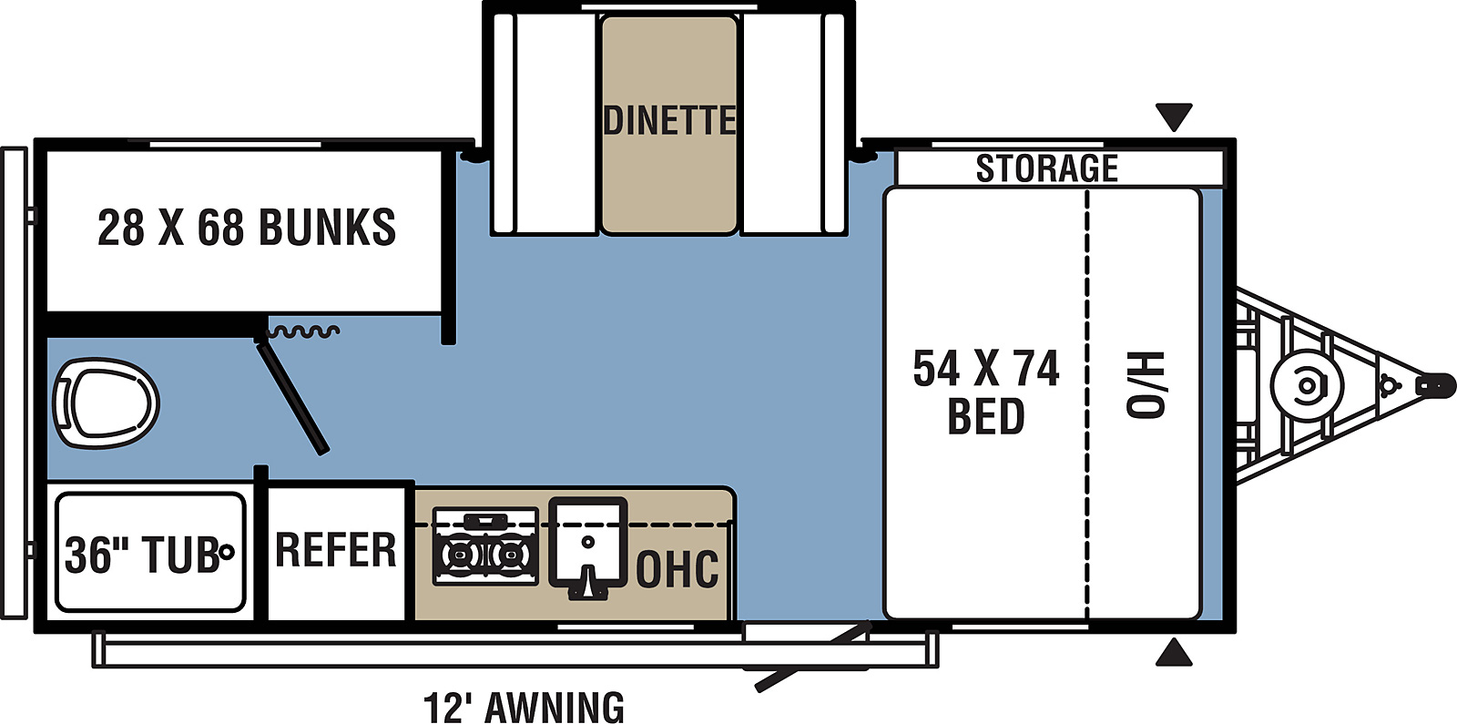 Clipper Ultra-Lite 17BHS floorplan. The 17BHS has one slide out and one entry door.