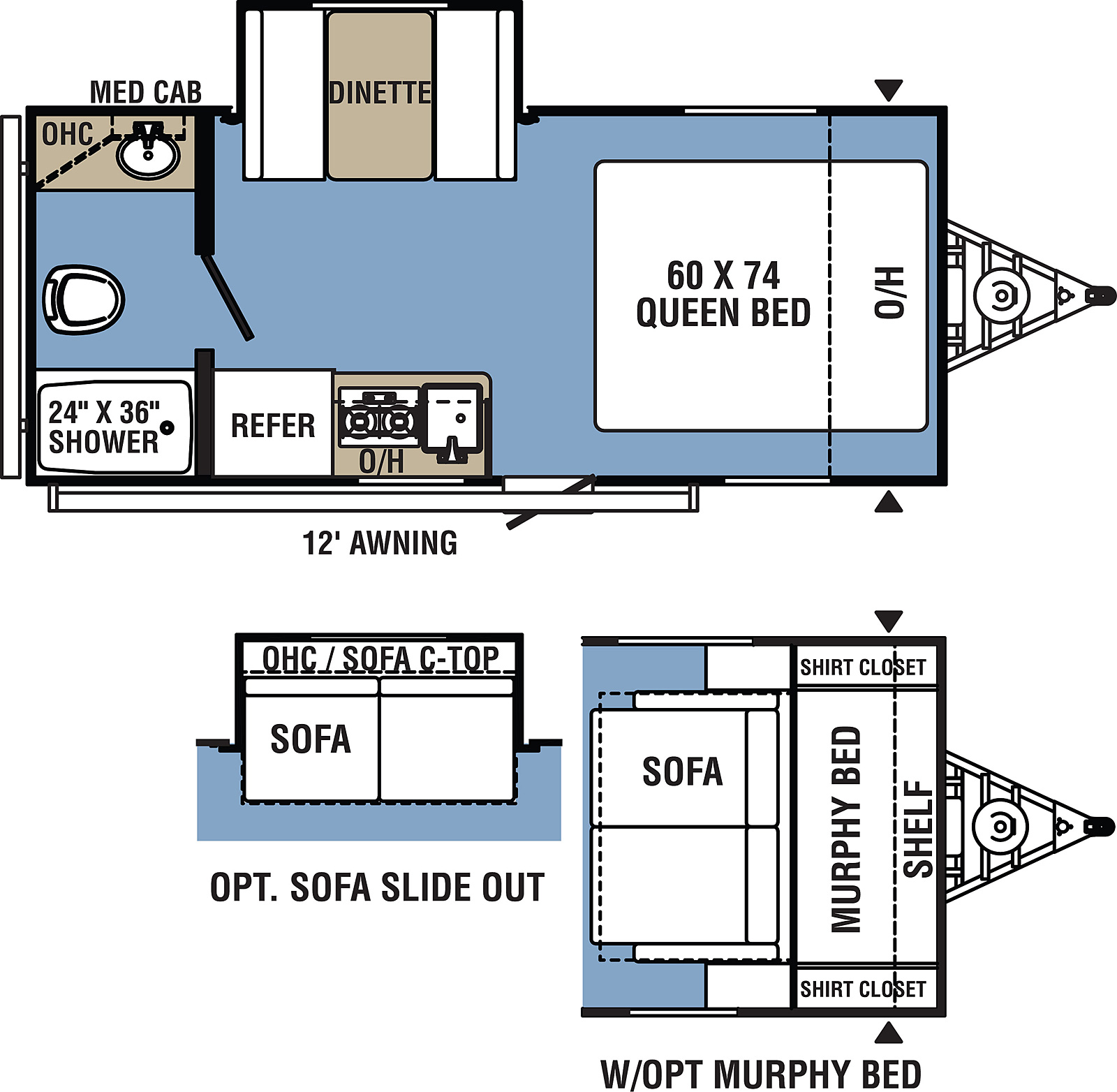 Clipper Ultra-Lite 17FQS floorplan. The 17FQS has one slide out and one entry door.