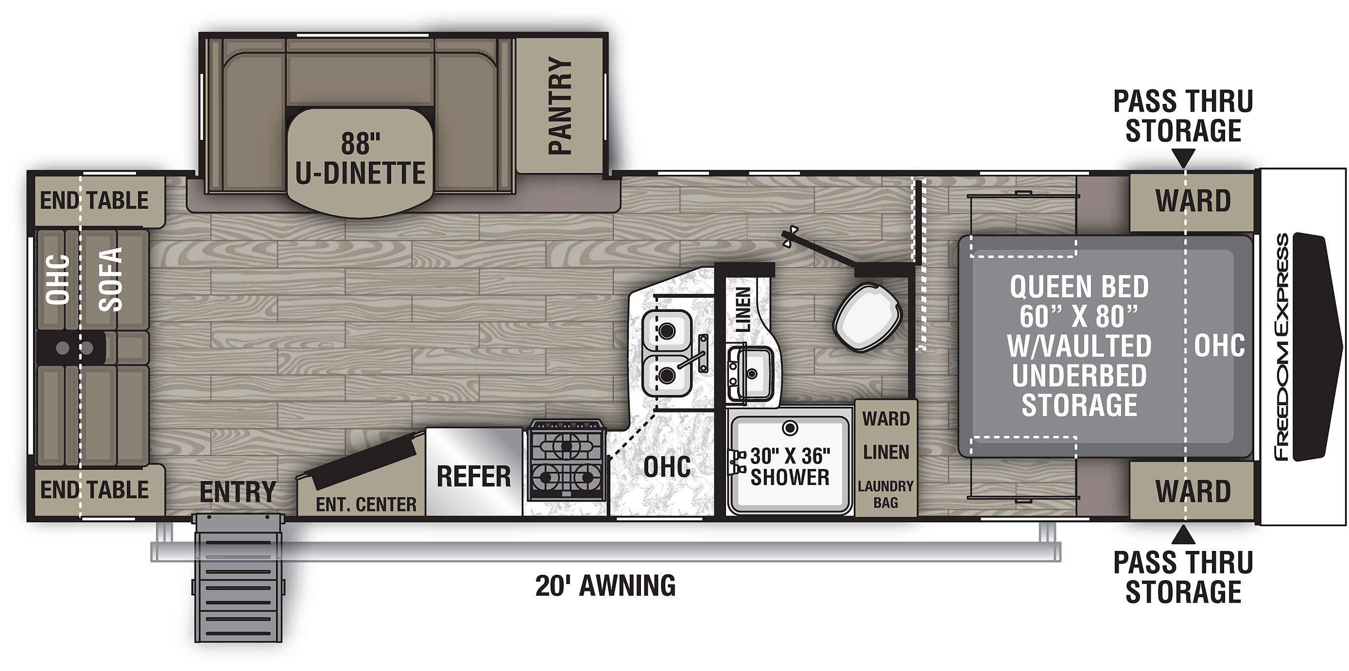 The 279RLDS has one slide out on the off-door side and one entry door on the door side. Interior layout from front to back; front bedroom with foot facing queen bed, vaulted under-bed storage, cabinets overhead, wardrobes on either side of the bed; door side bathroom; kitchen living dining area on the door side; double bowl sink, overhead cabinets, stove cook top, refrigerator and entertainment center; slide out on the off-door side containing a U-shaped dinette and pantry; sofa located at the rear with end tables on either side and overhead cabinets. 