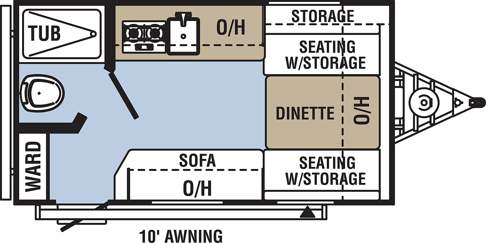 Clipper Ultra-Lite 14CR floorplan. The 14CR has no slide outs and one entry door.