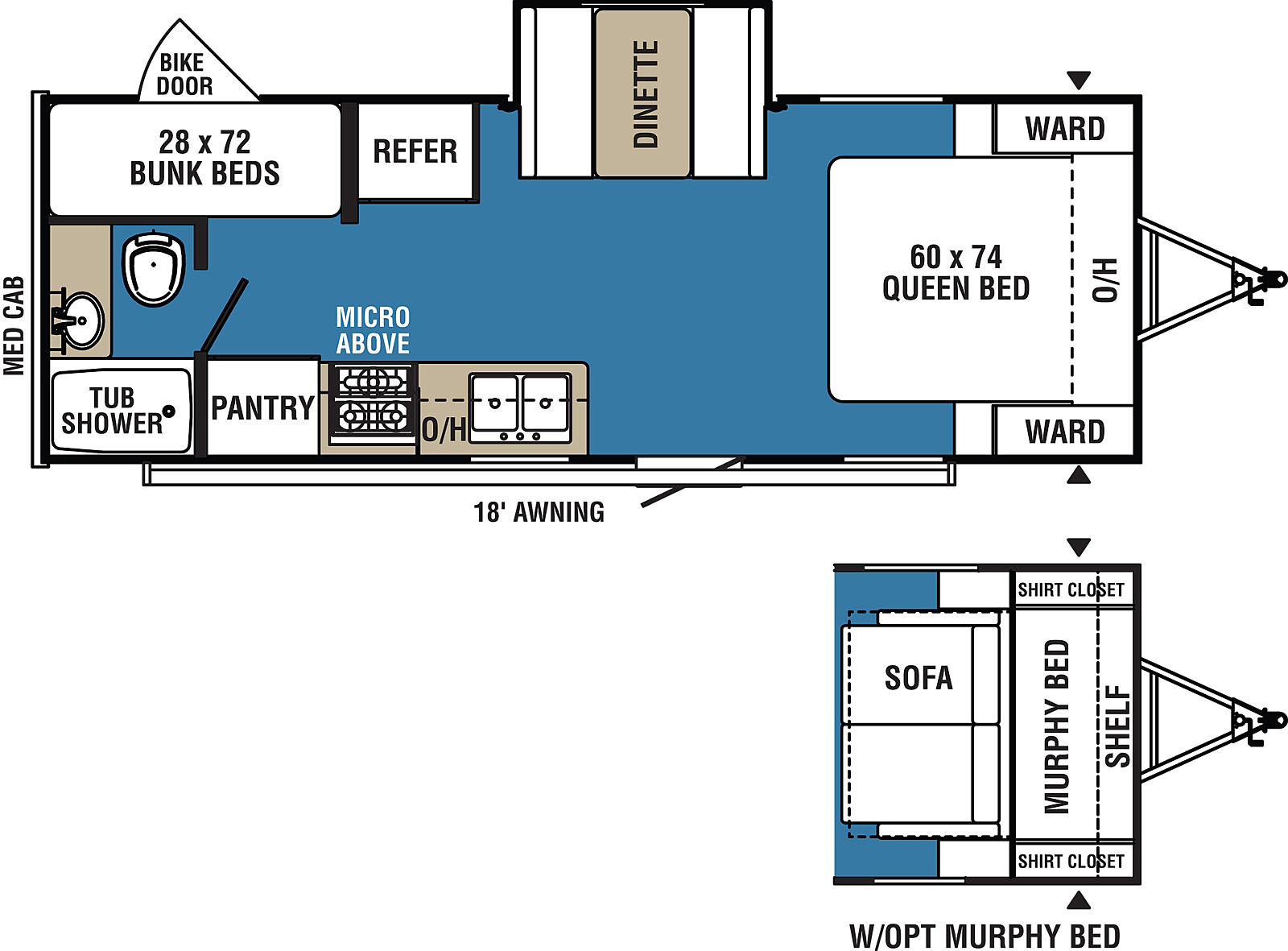 Clipper Ultra-Lite 21BHS floorplan. The 21BHS has one slide out and one entry door.
