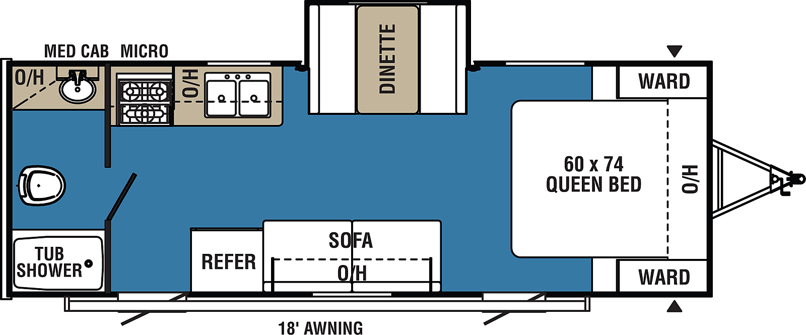 Clipper Ultra-Lite 21FQS floorplan. The 21FQS has one slide out and two plus entry doors.