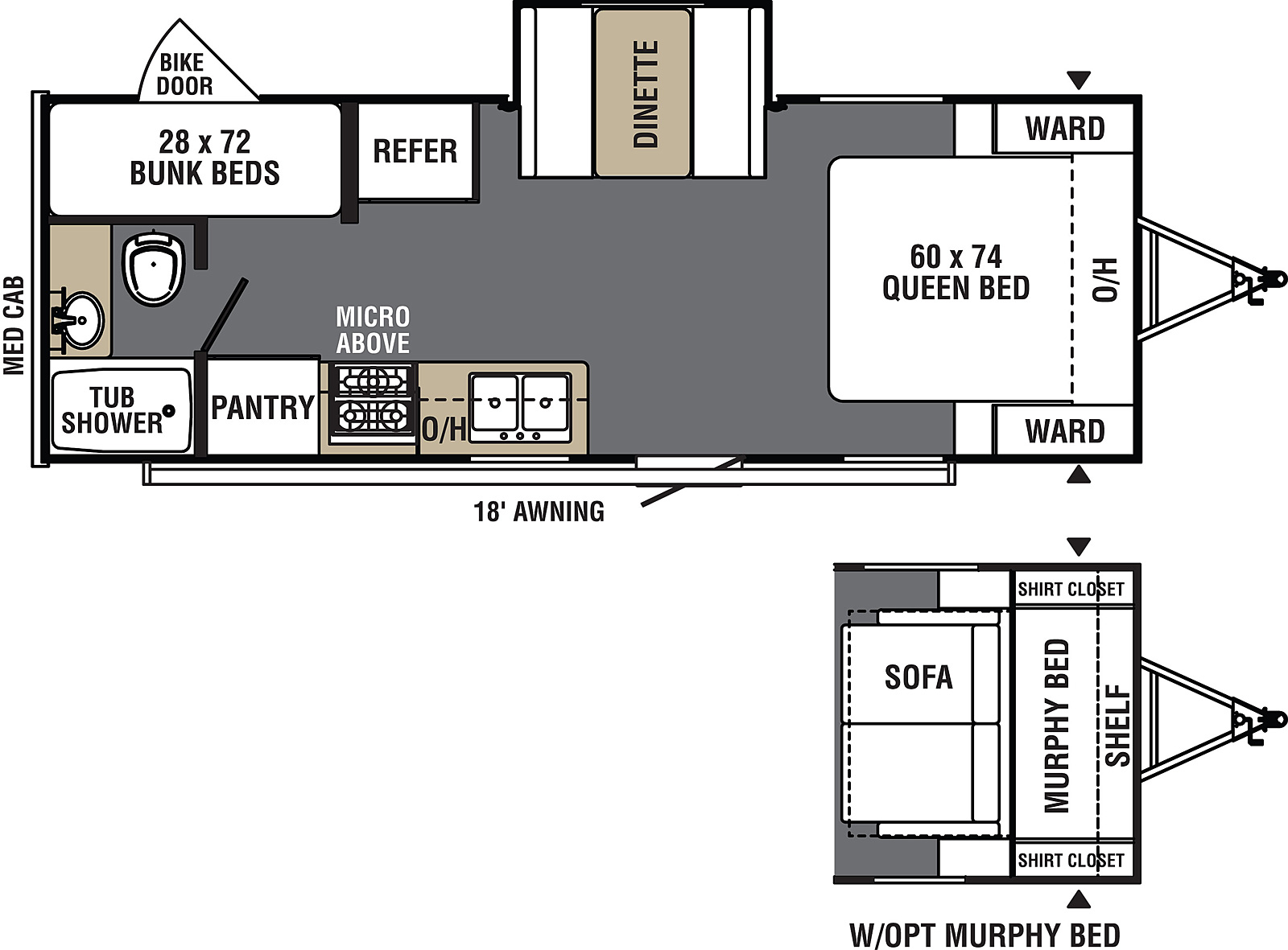 Viking Ultra-Lite 21BHS floorplan. The 21BHS has one slide out and one entry door.