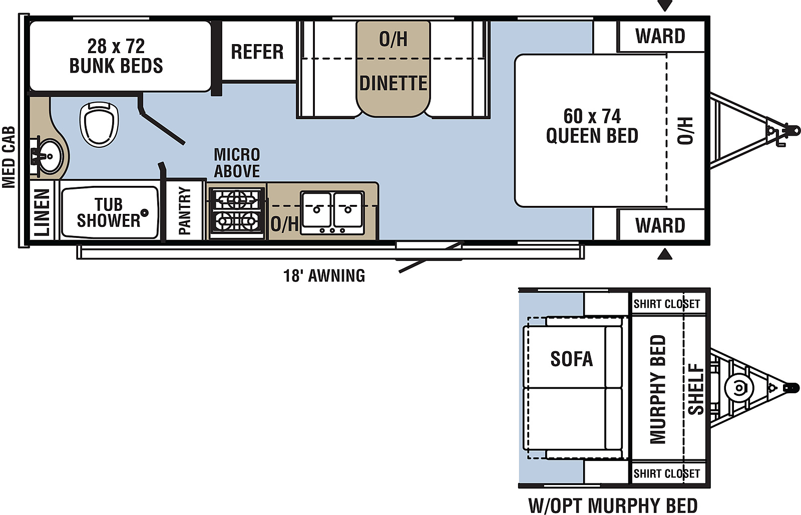 Clipper Ultra-Lite 21CBH floorplan. The 21CBH has no slide outs and one entry door.