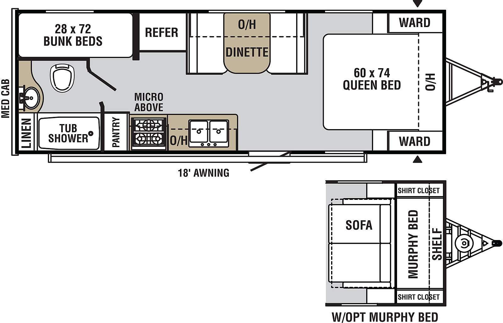 Viking Ultra-Lite 21SBH floorplan. The 21SBH has no slide outs and one entry door.