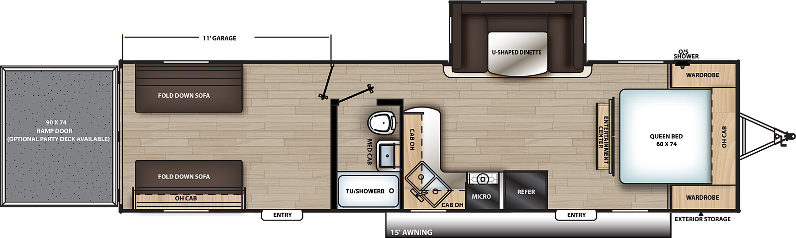 The 29THS has one slide out on the off-door side and two entry doors on the door side. Interior layout from front to back: foot facing queen bed with overhead cabinet and wardrobes on either side; entertainment center; off-door side slide out containing u-shaped dinette; door side kitchen containing refrigerator, cook top stove, microwave cabinet, double basin sink, and overhead cabinet; door side bathroom; and rear fold-down sofas with overhead cabinet on door side.