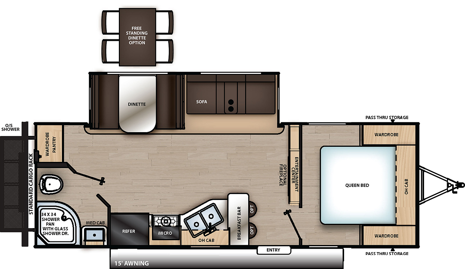 The 243RBS has one slide out on the off-door side and one entry door on the door side. Interior layout from front to back: front bedroom with foot facing queen bed, overhead cabinet, and wardrobes on either side of the bed; entertainment center; kitchen living dining area with off-door side slide out containing sofa and dinette; door side kitchen containing breakfast bar, double basin sink, overhead cabinet, cook top stove, microwave cabinet, and refrigerator; door side bathroom; and off-door side pantry.