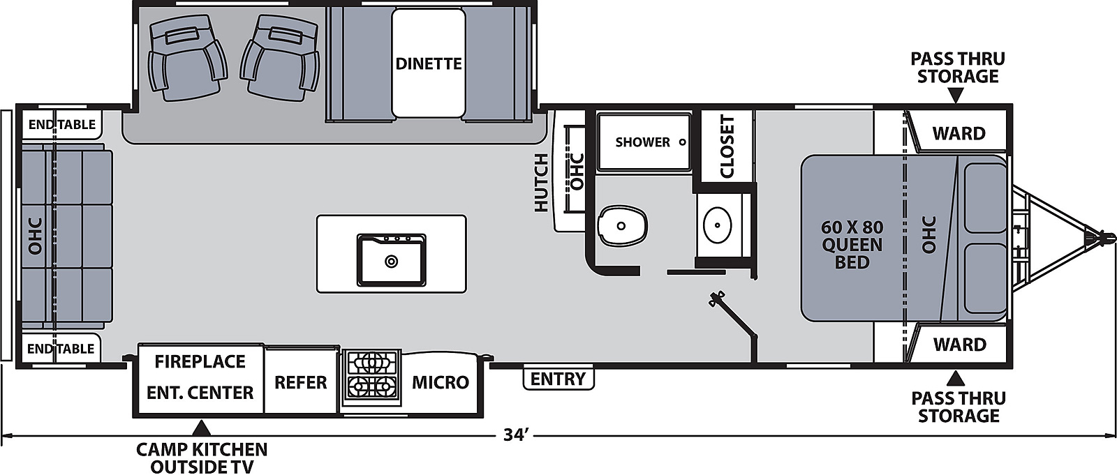 The 293RLDS has two slide outs, one on the off-door side and one on the door side, and one entry door on the door side. Interior layout from front to back: front bedroom with foot facing queen bed, overhead cabinet, wardrobes on either side of the bed, and closet on off-door side; off door side side aisle bathroom; hutch with overhead cabinet on off-door side. off-door side slide out containing dinette and two chairs; kitchen island with sink; door side slide out with kitchen containing microwave, cook top stove, refrigerator and entertainment center with fireplace; and sofa at the rear with overhead cabinet and two end tables; exterior camp kitchen w/ outside TV towards the rear.