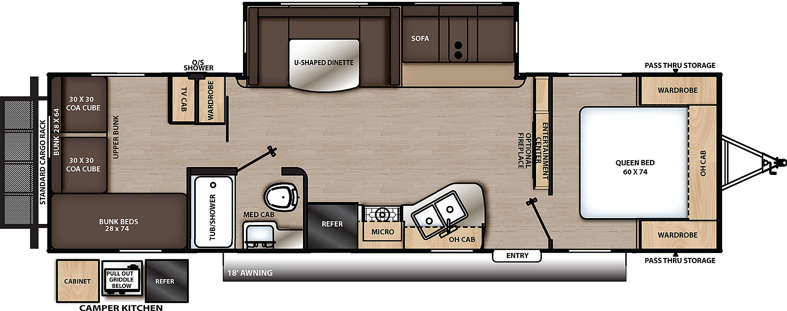 The 293QBCK has one slide out on the off-door side and one entry door on the door side. Interior layout from front to back: front bedroom with foot facing queen bed, overhead cabinet, and wardrobes on either side of the bed; entertainment center; kitchen living dining area with off-door side slide out containing sofa and u-shaped dinette; door side kitchen containing double basin sink, overhead cabinet, cook top stove, microwave cabinet, and refrigerator; door side bathroom; and rear bedroom with door side bunks, wardrobe, television cabinet, and cubes with upper bunk.