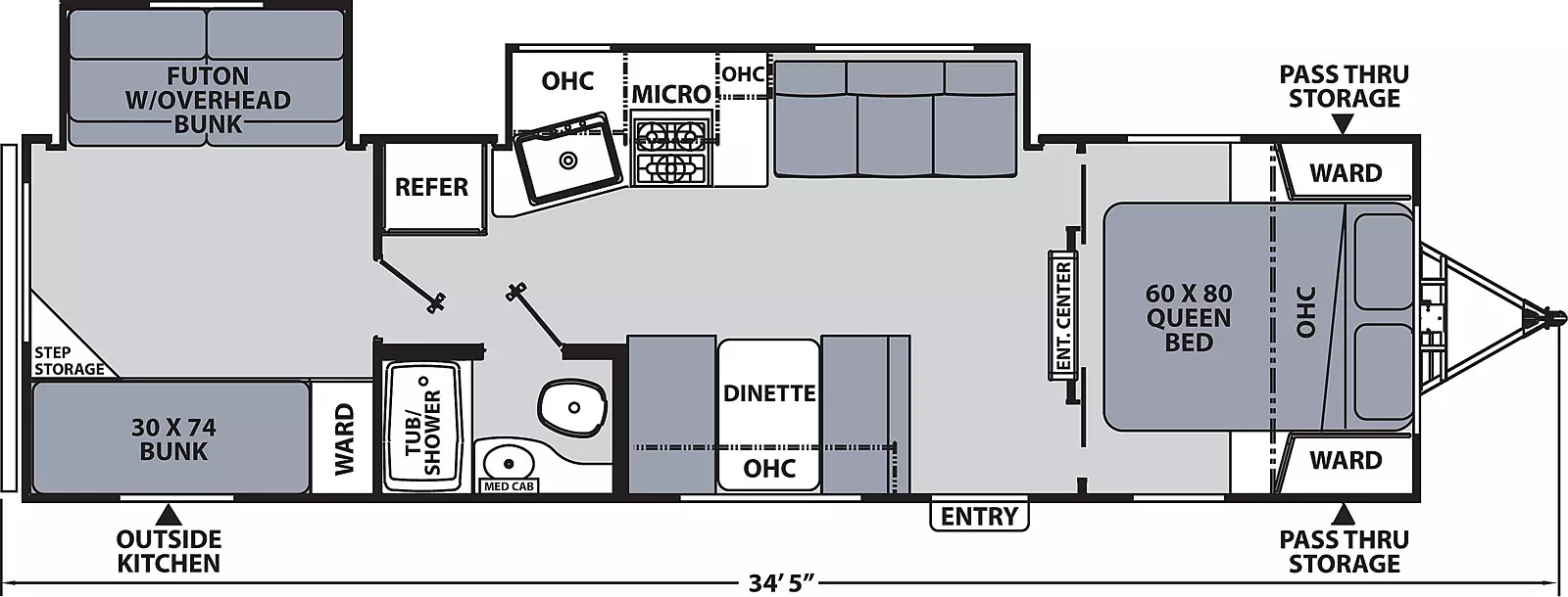 The 300BHS has two slide outs on the off-door side and one entry door on the door side. Interior layout from front to back: front bedroom with foot facing queen bed, overhead cabinet, and wardrobes on either side of the bed; entertainment center between bedroom and kitchen living dining area; off-door side slide out containing sofa and kitchen containing cook top stove, microwave overhead, sink, overhead cabinet; off-door side refrigerator; door side dinette with overhead cabinet; door side side aisle bathroom containing tub/shower, medicine cabinet, sink and toilet; rear bunk room with off-door side slide out containing futon with overhead bunk and door side bunk, wardrobe and step storage; rear exterior kitchen 