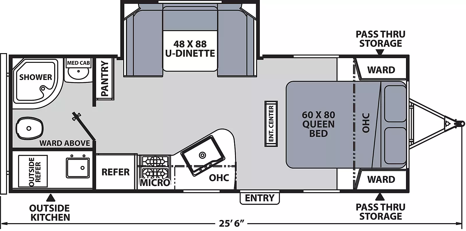 The 215RBK has one slide out on the off-door side and one entry door on the door side. Interior layout from front to back: front bedroom with foot facing queen bed, overhead cabinet, and wardrobes on either side of the bed; entertainment center; kitchen living dining area with off door side slide out containing u-dinette; door side kitchen containing sink, overhead cabinet, cook top stove, microwave cabinet, and refrigerator; pantry on off door side; and off-door side rear bathroom. Outside camp kitchen includes mini-refrigerator and single bowl sink on door side.