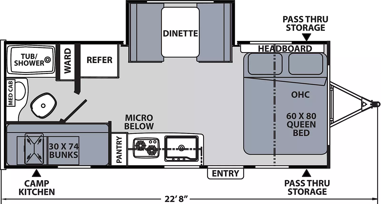 The 194BHS has one slide out on the off-door side and one entry door on the door side. Interior layout from front to back: front bedroom with side-facing queen bed and overhead cabinet; kitchen living dining with off-door side slide out containing dinette; door side kitchen containing sink, cook top stove, overhead cabinet, microwave below, and pantry; refrigerator on the off-door side; off door side bathroom and wardrobe. Two bunk beds on the door side.